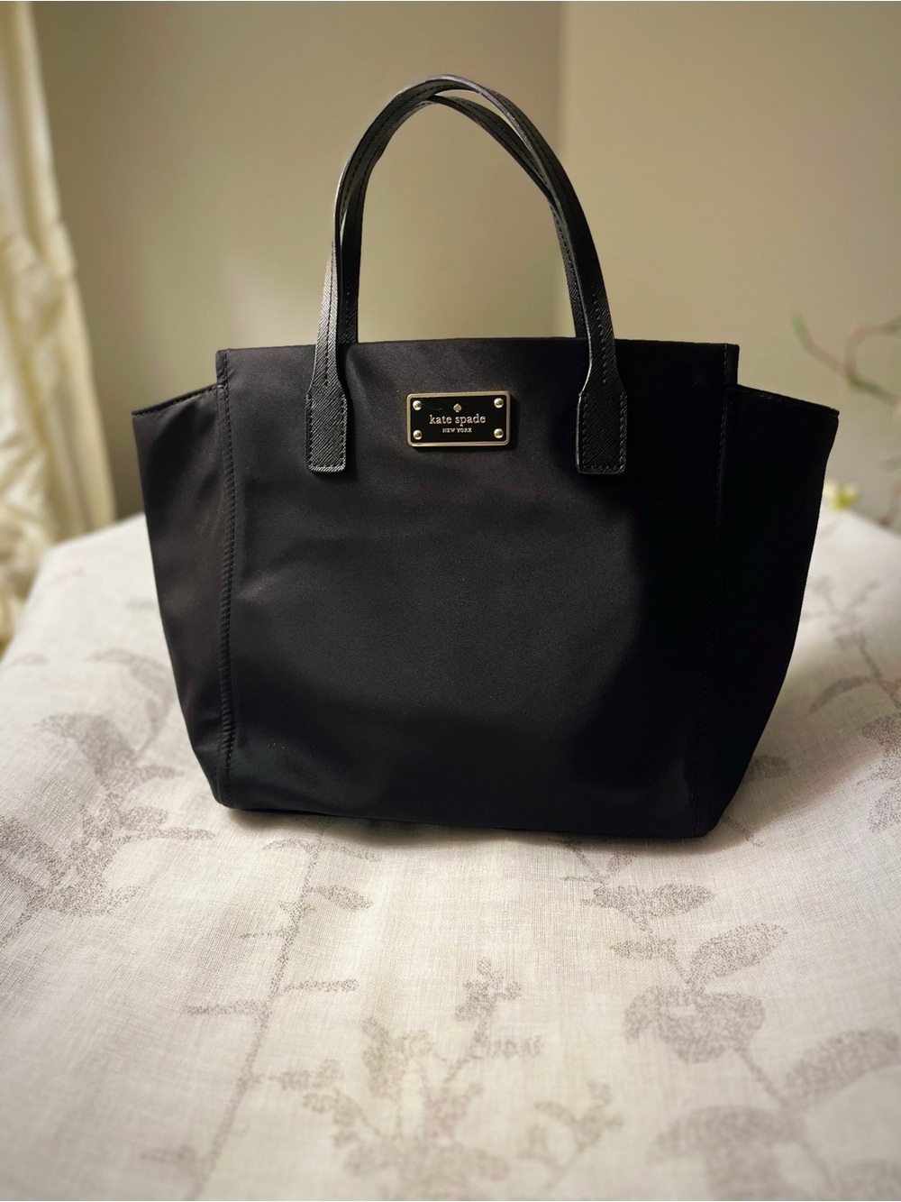 kate spade Blake Avenue Small Loden Black Nylon Tote Satchel Gold Logo Plaque